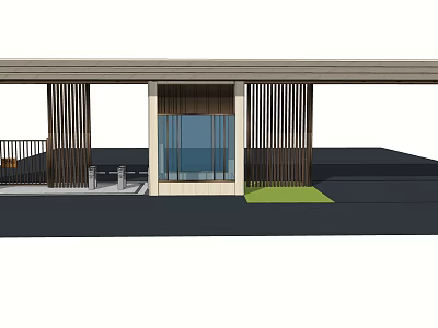 Modern Entrance Gate Design With Wooden Columns Glass Door And Lawn 3d model