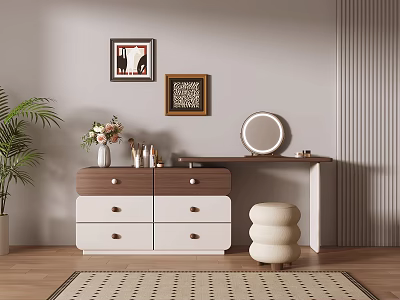 Modern Dressing Table With Brown White Drawers Round Mirror Vase Flowers And Potted Plant 3d model