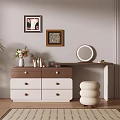 Modern Dressing Table With Brown White Drawers Round Mirror Vase Flowers And Potted Plant