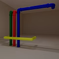 Vertical Green Red Blue Pipes With Yellow Horizontal Support In Indoor Room
