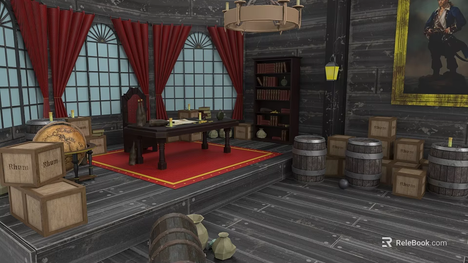 Sailing Ship Cabin Interior With Mahogany Furniture Globe Red Carpet And Chandelier 3d model 