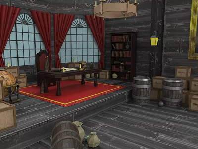 Sailing Ship Cabin Interior With Mahogany Furniture Globe Red Carpet And Chandelier 3d model