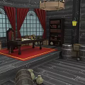 Sailing Ship Cabin Interior With Mahogany Furniture Globe Red Carpet And Chandelier