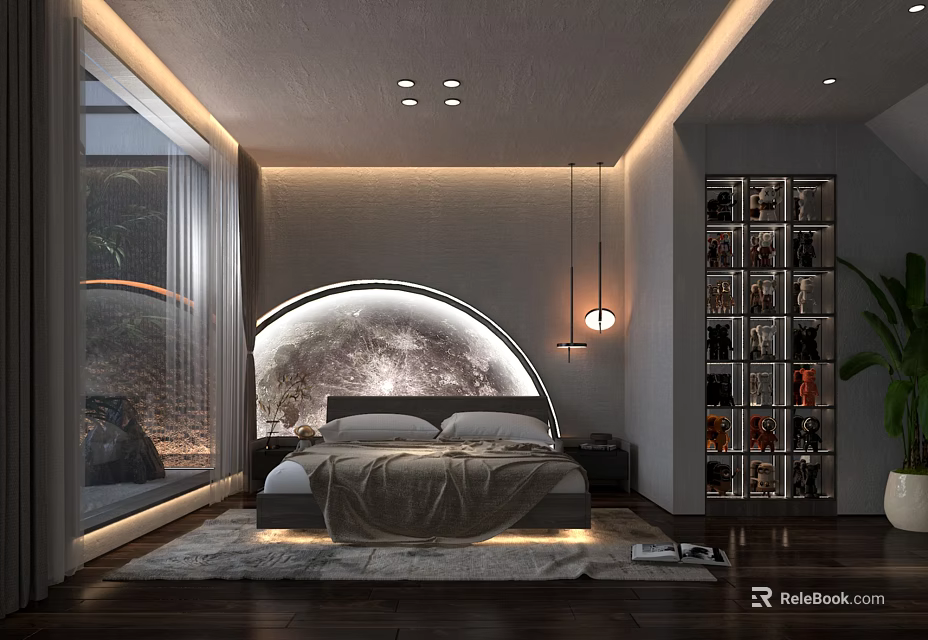 Elegant Modern Bedroom Interior Design With Arched Headboard Wall Soft Lighting And Large Window 3d model 