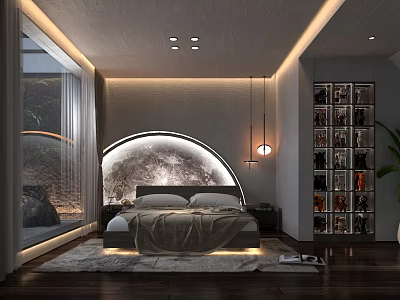 Elegant Modern Bedroom Interior Design With Arched Headboard Wall Soft Lighting And Large Window 3d model
