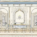 Elegant Hotel Public Lounge Area With Ornate Decor Blue White Sofas And Decorative Paintings