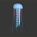 Vibrant Blue Glowing Jellyfish With Long Transparent Tentacles In Deep Ocean