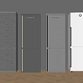 Four Different Colors Double Door Refrigerators Displayed Side by Side on Wooden Floor