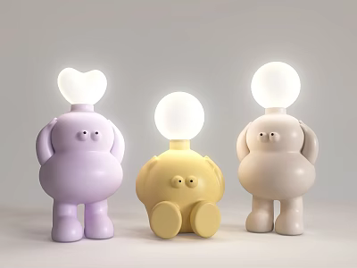 Adorable Cartoon Character Table Lamps With Purple Yellow Beige Rounded Body And Heart Round Light 3d model