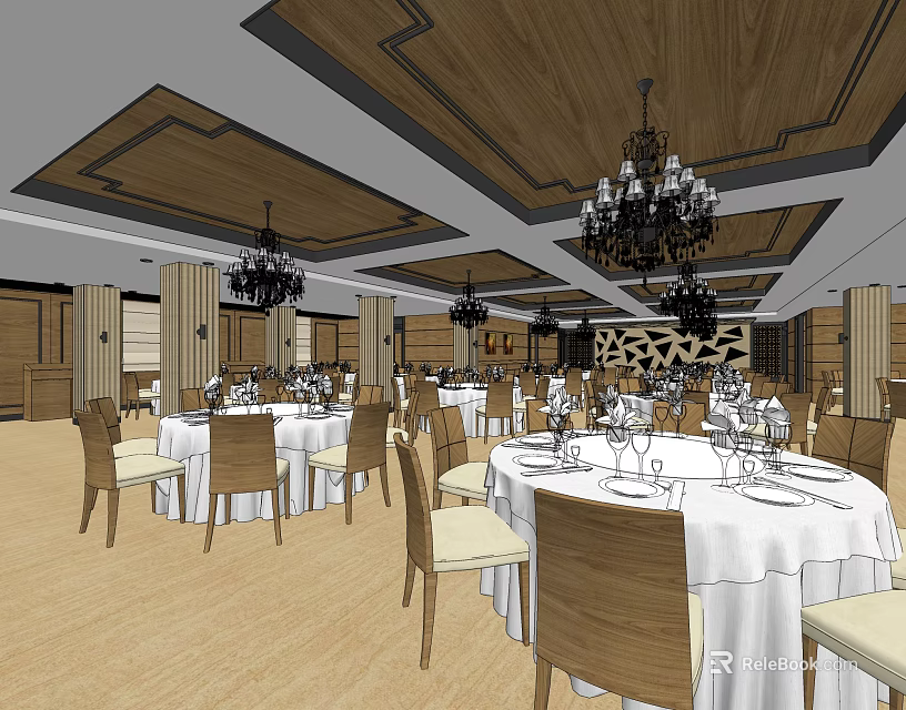 Elegant Restaurant Interior With Round Tables White Tablecloths Wooden Chairs And Chandeliers 3d model 