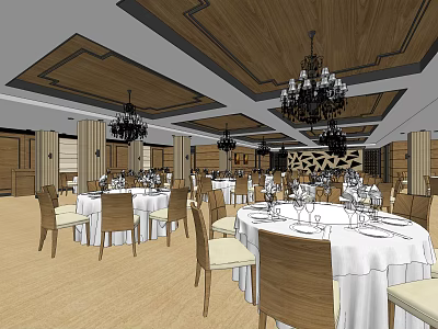Elegant Restaurant Interior With Round Tables White Tablecloths Wooden Chairs And Chandeliers 3d model