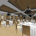 Elegant Restaurant Interior With Round Tables White Tablecloths Wooden Chairs And Chandeliers