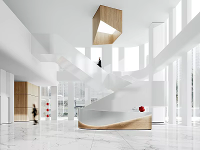 Modern Reception Desk in Bright Lobby With Spiral Staircase Marble Floor And Wooden Accents 3d model