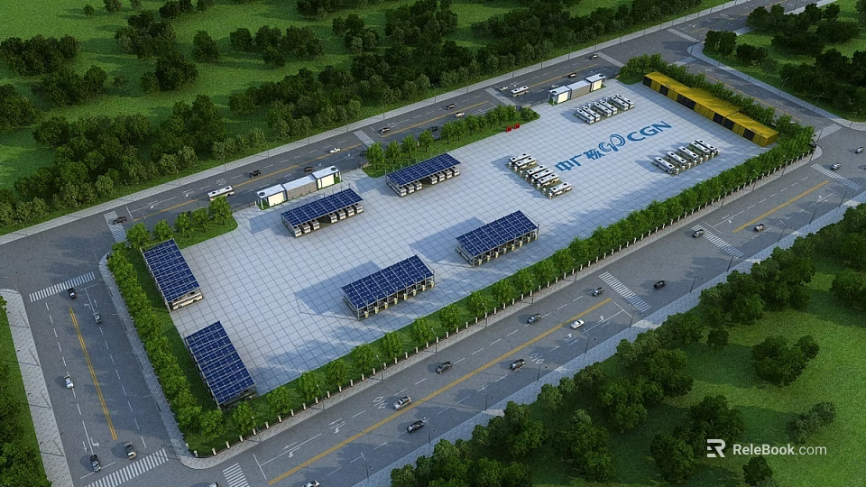 Aerial View Plan of Shipping Logistics Park with Solar Panel Buildings Trees Roads and Vehicles 3d model 