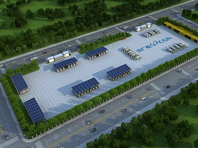 Aerial View Plan of Shipping Logistics Park with Solar Panel Buildings Trees Roads and Vehicles 3d model