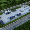 Aerial View Plan of Shipping Logistics Park with Solar Panel Buildings Trees Roads and Vehicles