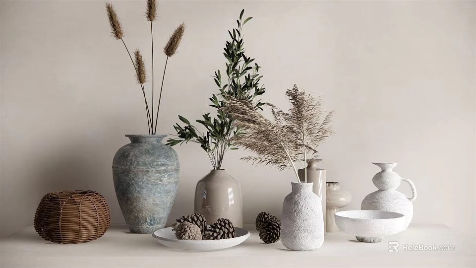 Decorative Vases With Pampas Grass Olive Branches And Pine Cones On Neutral Background 3d model