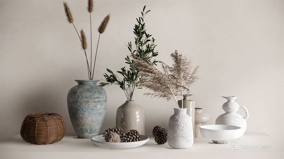 Decorative Vases With Pampas Grass Olive Branches And Pine Cones On Neutral Background 3d model 