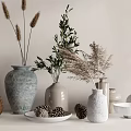 Decorative Vases With Pampas Grass Olive Branches And Pine Cones On Neutral Background