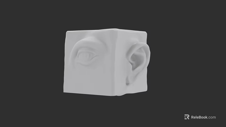 White Cube Sculpture Featuring Eye and Ear with Modern Artistic Design 3d model 