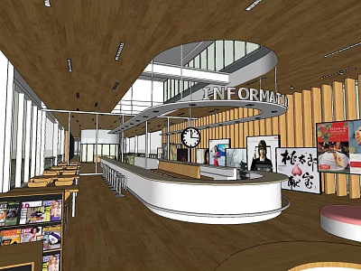 Contemporary Restaurant Interior With Wooden Decor White Counter Clock Posters And Tables 3d model