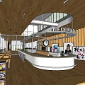Contemporary Restaurant Interior With Wooden Decor White Counter Clock Posters And Tables