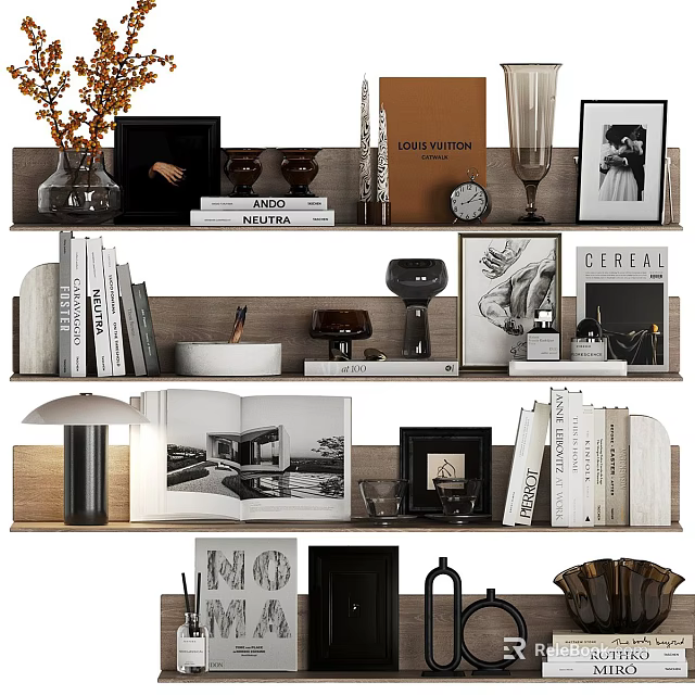Decorative Ornament Combination on Wooden Shelves with Photo Frames Books Vases Clock and Table Lamp 3d model 