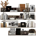 Decorative Ornament Combination on Wooden Shelves with Photo Frames Books Vases Clock and Table Lamp