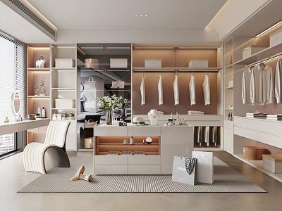 Modern Walk in Closet Interior Design With Shelves Hanging Rods And Shoe Storage 3d model