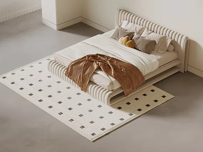 Modern Minimalist Double Bed With Striped Frame Pillows Blanket And Diamond Pattern Rug 3d model