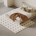Modern Minimalist Double Bed With Striped Frame Pillows Blanket And Diamond Pattern Rug