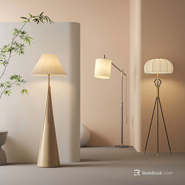 Elegant Modern Floor Lamps Interior Design With Wooden Cone Base And Metal Tripod Stand 3d model 