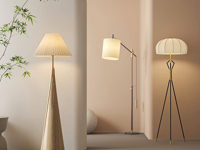 Elegant Modern Floor Lamps Interior Design With Wooden Cone Base And Metal Tripod Stand 3d model