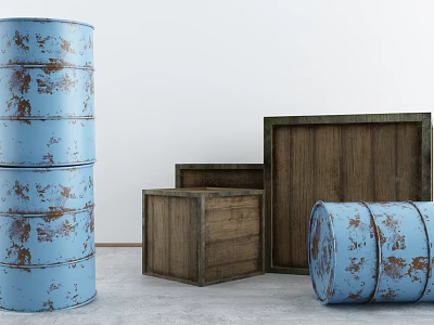 Industrial Storage Equipment With Rusted Blue Barrels And Wooden Crates 3d model