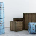 Industrial Storage Equipment With Rusted Blue Barrels And Wooden Crates