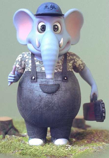 Cartoon Blue Elephant Character Wearing Camouflage Shirt And Overalls With Tool Bag 3d model 