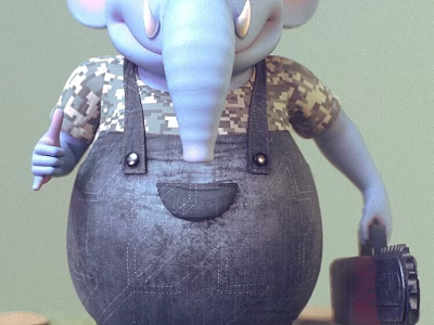 Cartoon Blue Elephant Character Wearing Camouflage Shirt And Overalls With Tool Bag 3d model