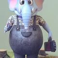 Cartoon Blue Elephant Character Wearing Camouflage Shirt And Overalls With Tool Bag
