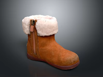 Cozy Brown Kids Ankle Boots With Suede Material White Faux Fur Lining And Zipper 3d model