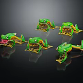 Cartoon Green Frogs With Yellow Bellies In Different Poses On Black Background 3d model