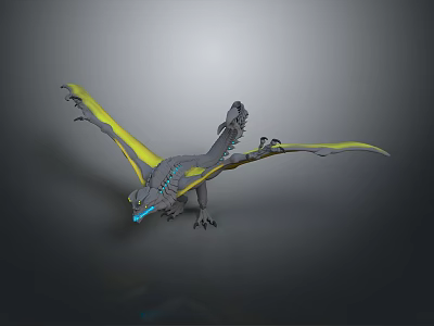 3D Rendered Mythical Dragon With Gray Body Yellow Wings And Blue Glowing Accents 3d model