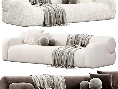 Cozy Modern Sectional Sofa In Beige And Brown With Textured Fabric Pillows And Blanket 3d model