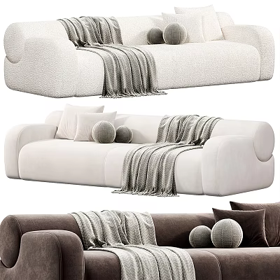 Cozy Modern Sectional Sofa In Beige And Brown With Textured Fabric Pillows And Blanket 3d model