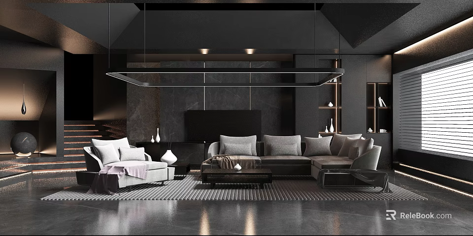 Modern Living Room Interior Design With Grey Sofa Geometric Rug Pendant Light And Bookshelf 3d model 