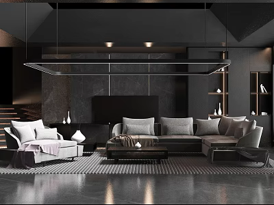 Modern Living Room Interior Design With Grey Sofa Geometric Rug Pendant Light And Bookshelf 3d model