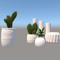 White Ceramic Vases With Cactus Plants On Wooden Table Against White Wall For Home Decor