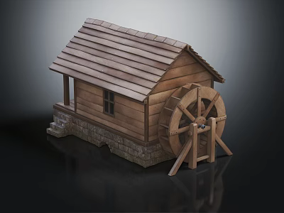 Rustic Wooden Cabin With Sloped Shingle Roof Stone Base And Water Wheel 3d model