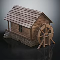 Rustic Wooden Cabin With Sloped Shingle Roof Stone Base And Water Wheel