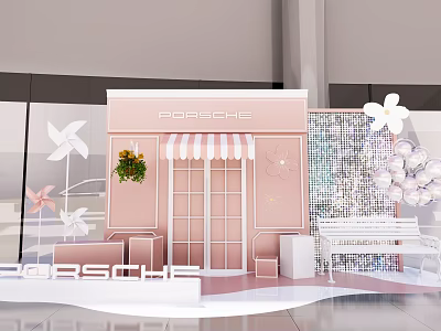 Pink Porsche Display Area With Flower Shop Bench And Decorative Flowers 3d model