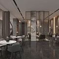 Modern Lounge Area With Cozy Lighting Elegant Furniture Tables Chairs And Marble Floor